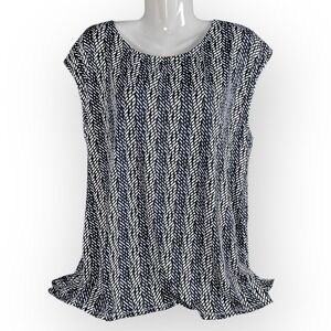 Office Blouse Womens Blue Black White Split Back Sleeveless XL Geometric Career